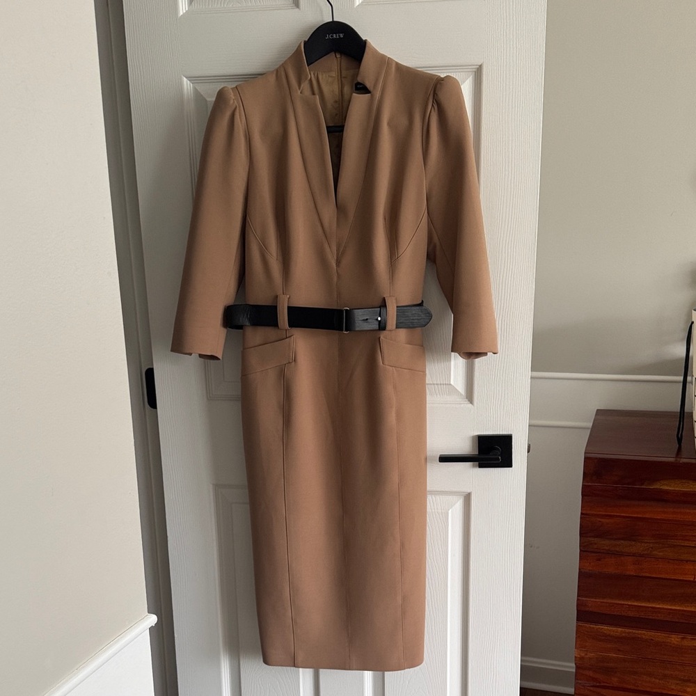 Karen Millen Structured Crepe Belted Forever Midi Dress, Tan/Camel color US 10